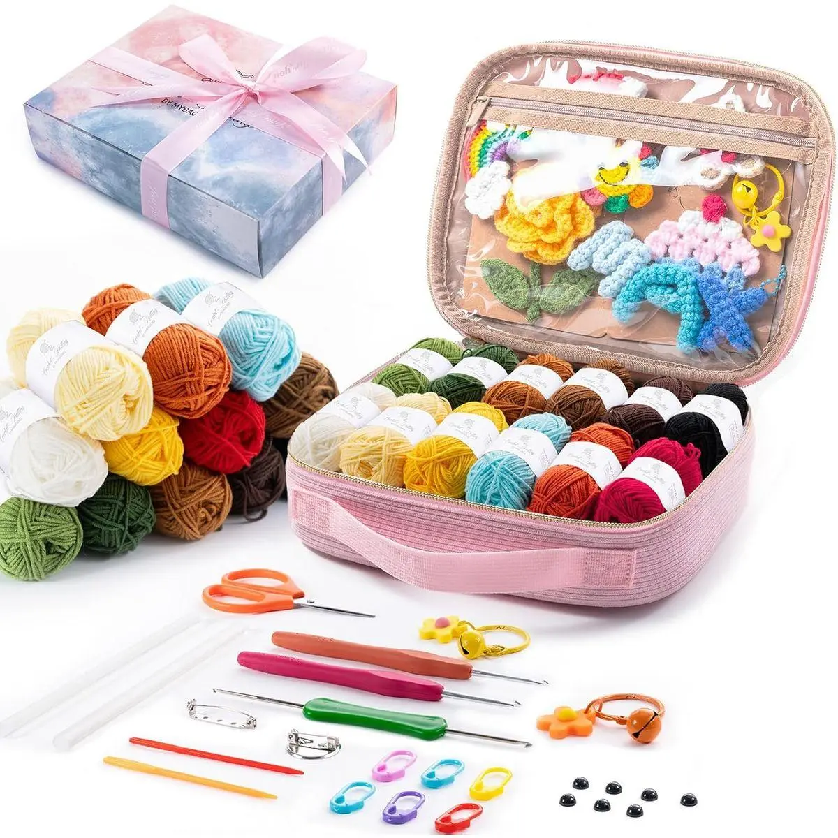 Crochet Kit for Beginners, Complete Starter Set with Yarn, Ergonomic Crochet Hooks, Needles, Crochet Accessories and Suppliers for Crochet Beginner Projects, Knitting Kit for Adult