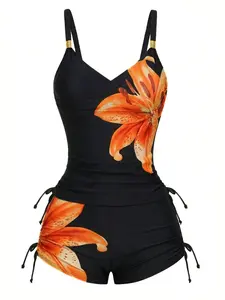 RETRO STAGE Women's 1950s Lily Floral Print Tankini Swimsuit Set - Polyamide Blend, Wireless Bra, High-Stretch Lace-Up Tankini Shorts, Multi-Size