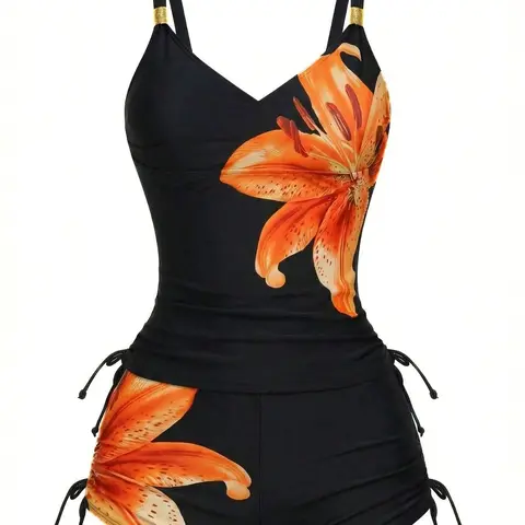 RETRO STAGE Women's Retro 1950s Lily Floral Beach Print Tankini Swimsuit Set - Poly Blend, Wireless Bra, High-Stretch Lace-Up Shorts, Multi-Size 2-Piece Colorful Playful Bathing Suit for Beach Wear, Swimsuits