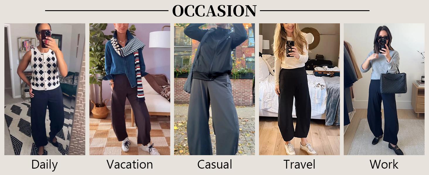 Songling Women Barrel Travel Pants Elastic Waistband Tapered Leg Baggy Mid Rise Work Trousers Lounge Pant with Pockets Bottom
