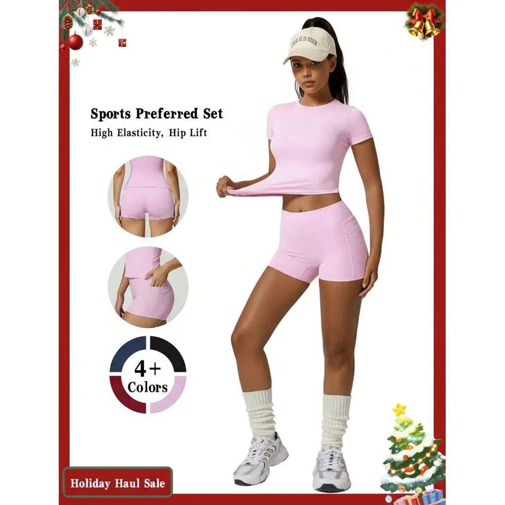 Women's 2-Piece Seamless Activewear Fitness Set - Crew Neck T-Shirt, Scrunch Butt Shorts, Casual Sporty Chic Pilate Outfit for Fit Women, Casual Sportswear, 2 Piece Sets, Short Sleeve Tops, Nylon, Workout Daily, Stretch Fabric, Plain Look, Workout Sets Wo