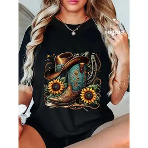 100% Cotton Unisex Western Cowboy Boot Horseshoe Sunflower Rope Cowgirl Boot T-Shirt Black Casual Top graphic tees