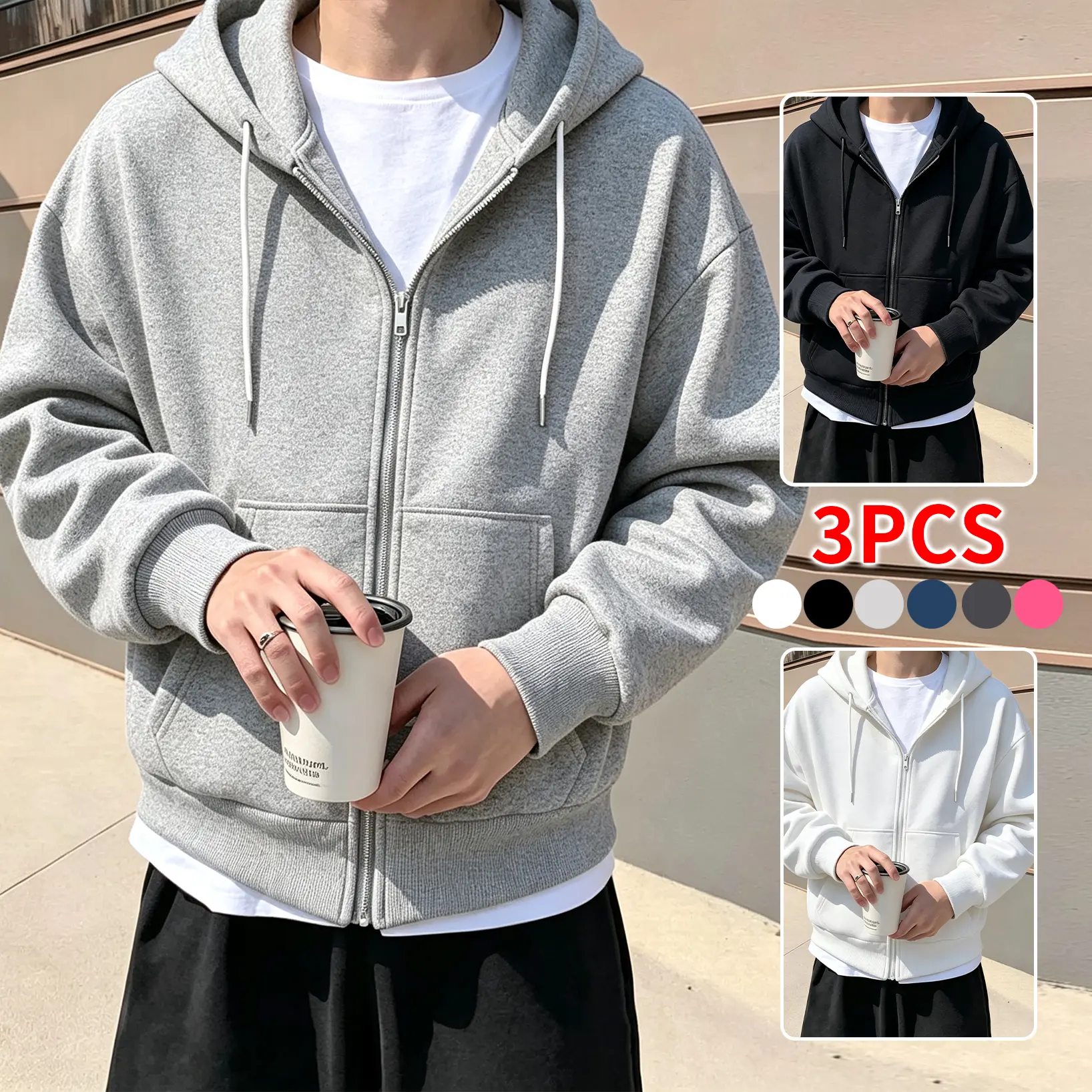 3 Pcs Korean Style Basic Versatile Loose Zip Up Hooded Sweatshirt — Solid Color, Soft, Minimalist Campus Streetwear Jacket unisex casual