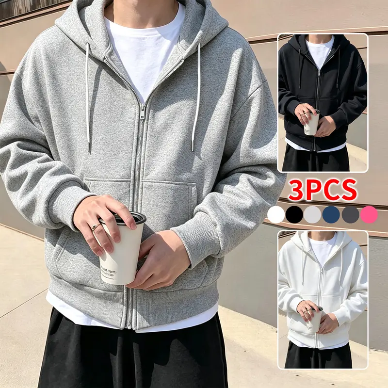 3 Pcs Korean Style Basic Versatile Loose Zip Up Hooded Sweatshirt — Solid Color, Soft, Minimalist Campus Streetwear Jacket unisex casual