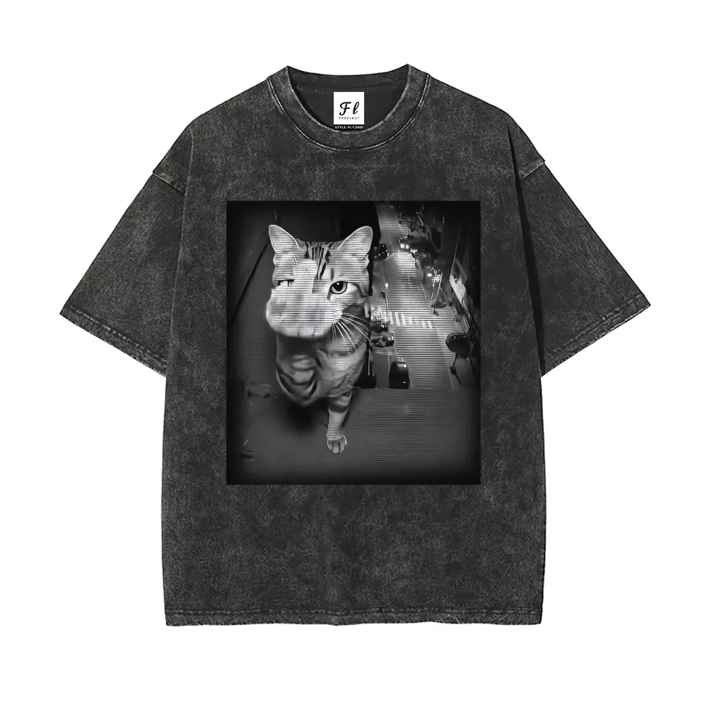 Men's Washed Cotton T-Shirt - Baggy Loose Oversized, Pre-Shrunk Super Soft Short-Sleeve Menswear Fashion Top, Funny Middle Finger Cat Retro Hot Stamp Batik Graphic Tshirt, S-5XL Sizes (XXL Fit), All-Season Casual Streetwear Fabric