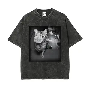 Funny Middle Finger Cat Vintage S~5XL Oversize Unisex Washed T-Shirt for Women and Men's Unisex Fit Batik Cotton Oversize Streetwear Menswear  Super Soft Pre-Shrunk