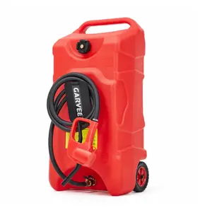 Upgraded 16 Gallon Gas Tank, Heavy-Duty Fuel Can with Manual Transfer Pump, 10FT Hose, and Casters, Leak-Proof Portable Gas Container for Lawn Mowers, Tractors, Boats, and Snow Blowers, Red