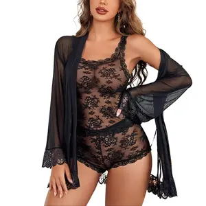 Avidlove Lingerie for Women 3 Piece Lingerie Set Floral Lace Cami Sleepwear with Kimono Robe Pajama Set