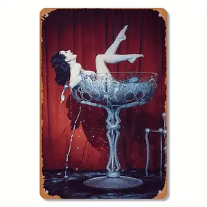 Vintage Metal Tin Sign Featuring Dita Von Teese As A Sensual Burlesque Dancer In Champagne Glass Rustproof Wall Art For Home Bar Or Cafe Decor
