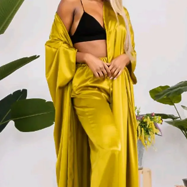 CFH Paradise Duster Pants Set - Satin Women's Two-Piece Outfit with Matching Top and Wide-Leg Trousers