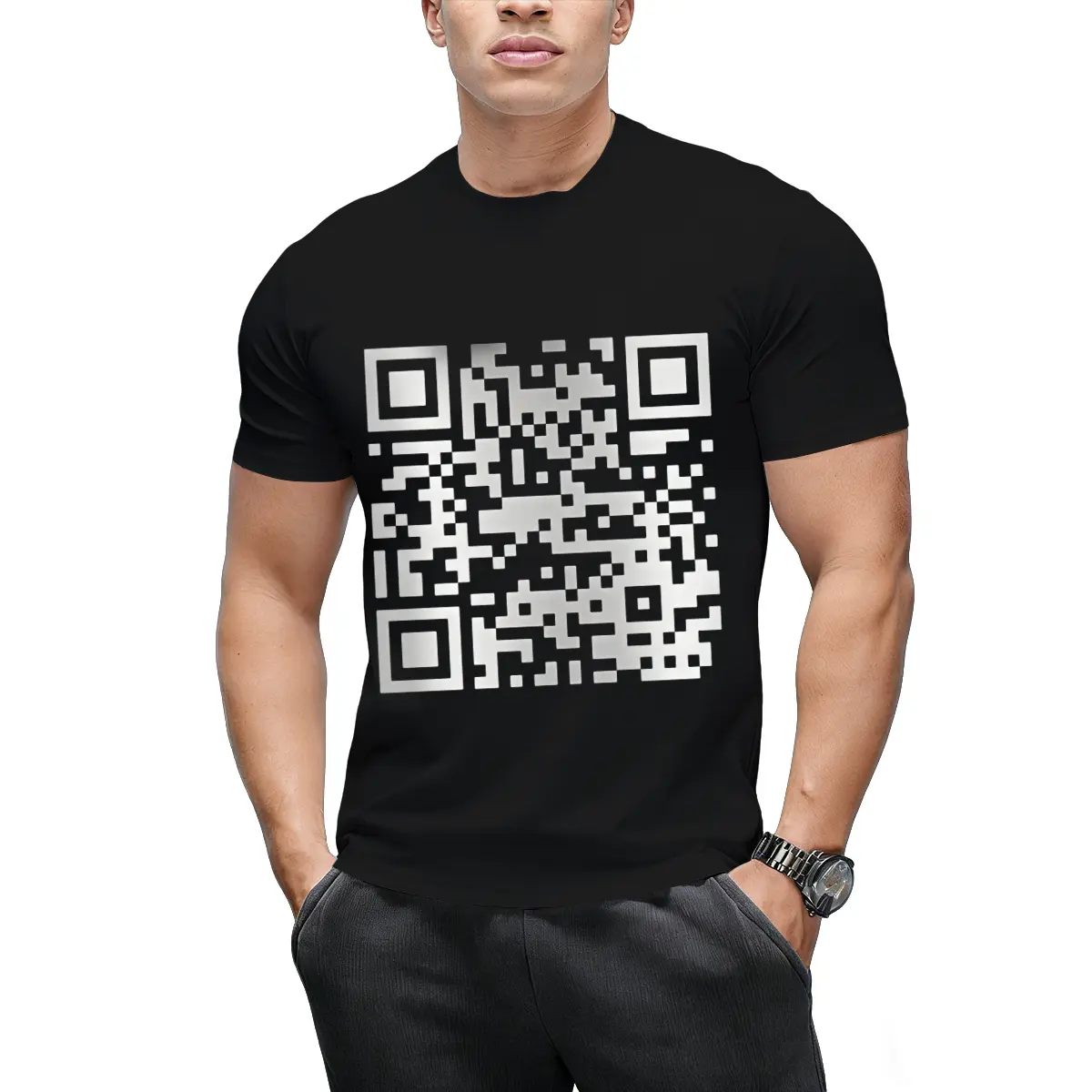 QR Code Graphic T-Shirt - Classic Minimalist Vibe, Funny Tech Short Sleeve, Relaxed Cargo Fit, Summer Casual Streetwear Sports Top