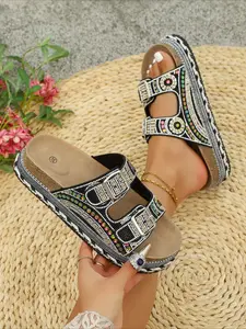 Retro Ethnic Rhinestone Buckle Platform Slippers, Women's Summer Woven Non-Slip Slides, Wedge Sandals for Height Boost & Vacation, Colorful Platform Sandals, Fancy Sandals