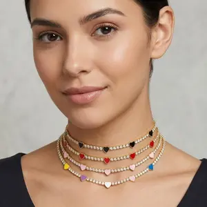 Enamel Heart Charm Choker Necklace Bracelet Tennis White Red Black Colorful