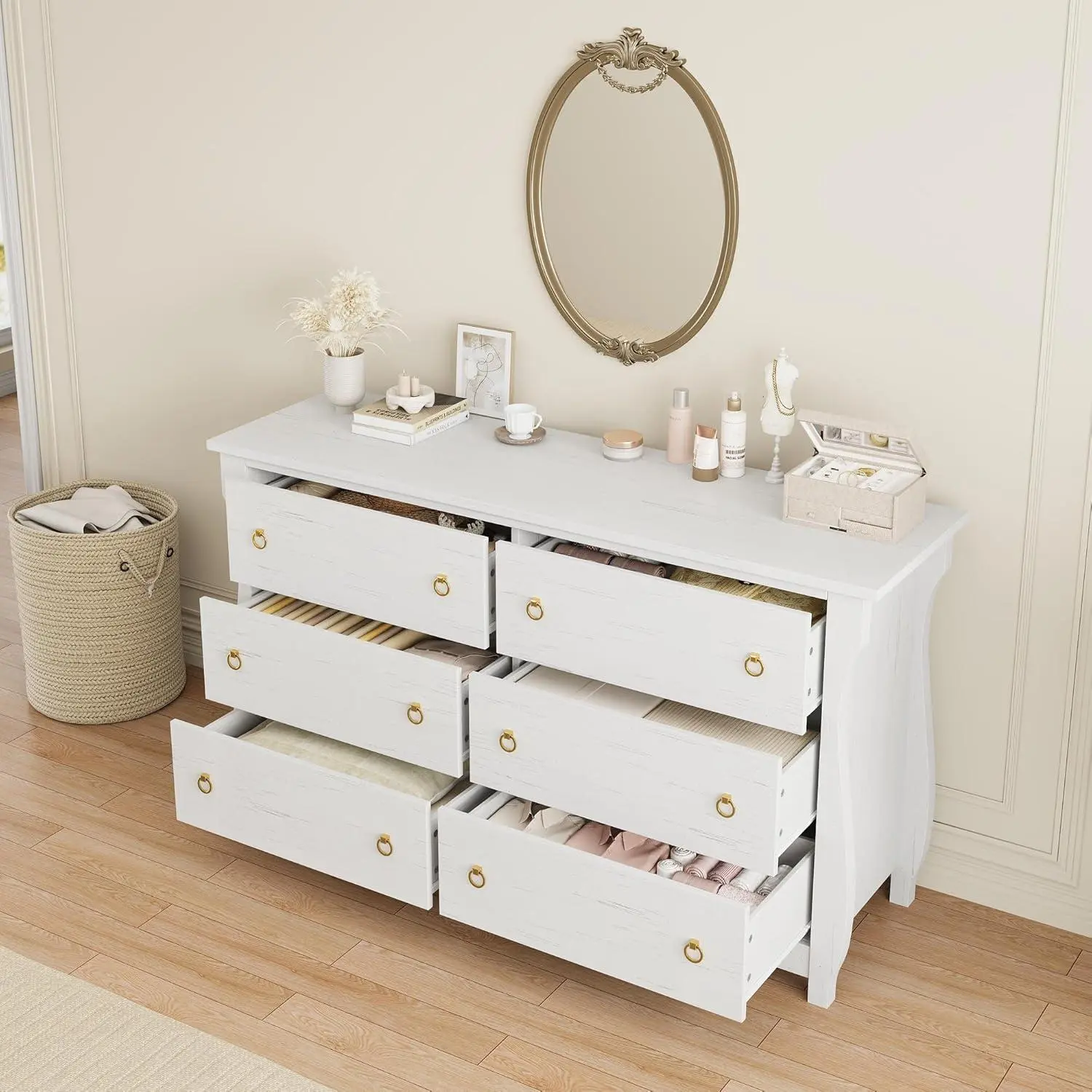 6-Drawer Dresser - Tall Boho Dresser with Curved Legs, Rattan Accents, and Freestanding Storage for Living Room, Bedroom, Entryway, or Balcony， White