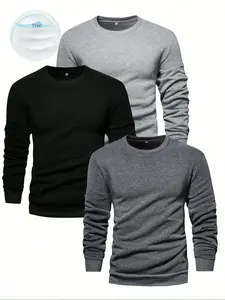 Men's 3-Pack Thin Sweatshirts, Long Sleeve Plain Round Neck Pullover, Casual Basic Wardrobe Essentials, Fitted Daily Wear