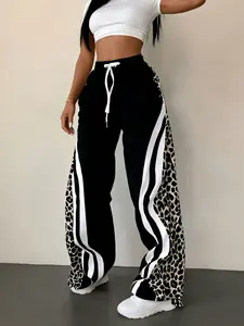 A women's fashionable new black leopard print white color-block striped drawstring waist pocket design sporty wide-leg pants, suitable for summer, daily wear, and sports outfits, Casual Streetwear Pants