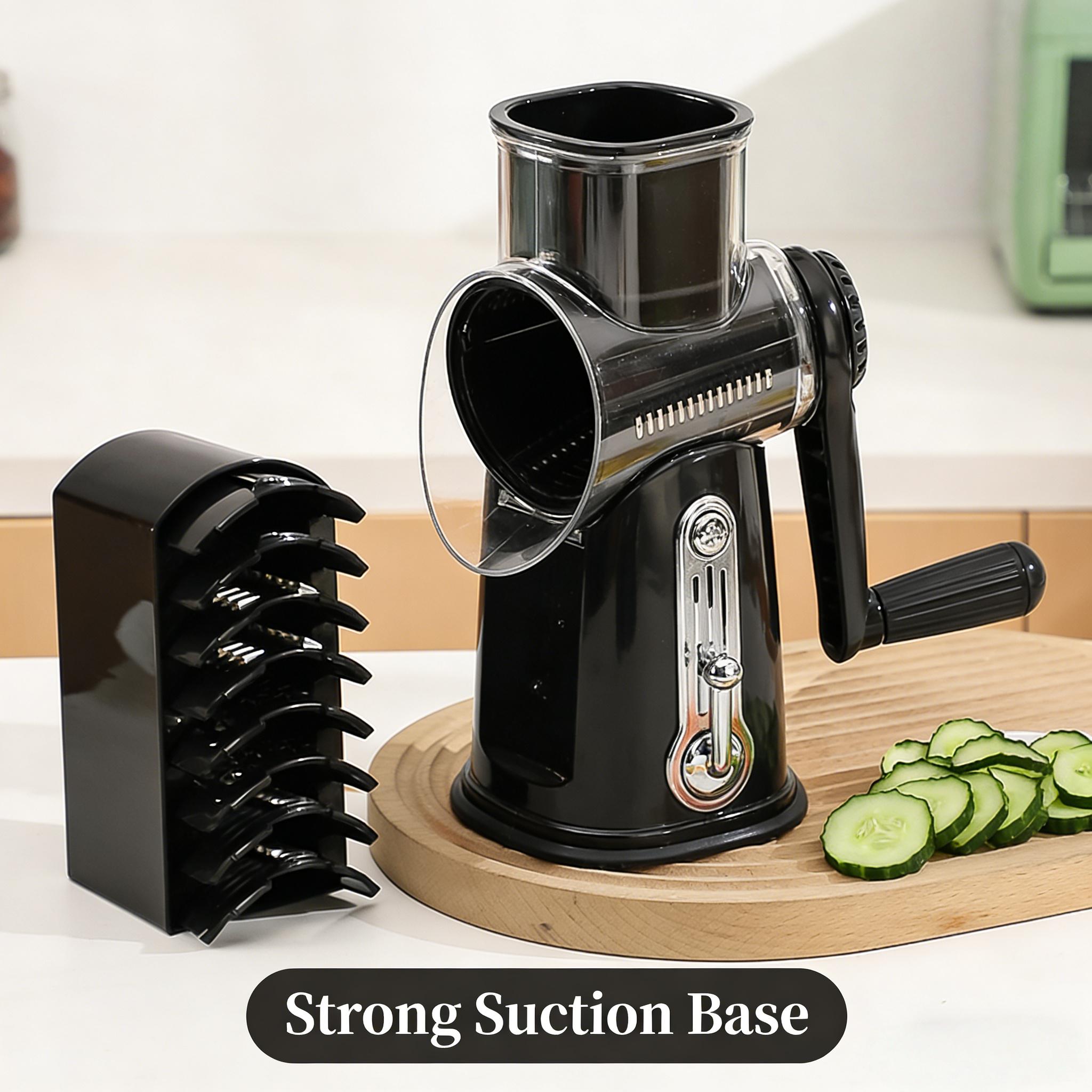 Rotary Cheese Grater with Handle 5 in 1 Vegetable Shredder with 5 Blades, Strong Suction Base, Round Mandoline Slicer & Blade Storage Box Kitchen Steel Stainless Utensils Curve Smooth