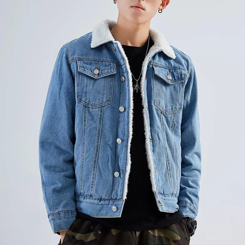 Men's autumn and winter lined denim jacket, washed trendy lined denim coat