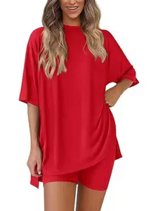 Women's Casual Round Neck Split Loose Shorts Sleeve Home Wear Set, Comfortable Pajama Loungewear for Daily Use