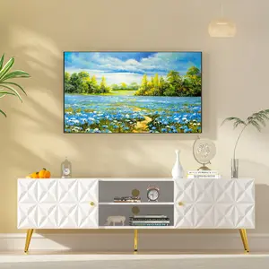 Topwin Modern White Sideboard Cabinet with Carved Doors,Gold Metal Legs,Adjustable Shelf,Cable Management tv stand Living Room,Apartment Furniture