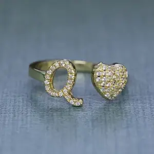 A-Z Initial Letter Open Adjustable Heart Ring, Minimalist Luxury Personalized Finger Ring for Women