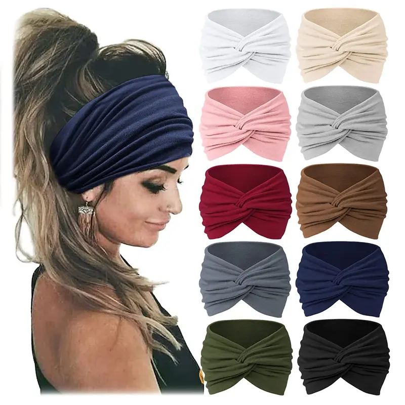 10PCSWide African Stretch Headbands in Assorted Colors for Women's Fashion Accessories 95% Polyester 5% Spandex Soft Breathable Turban Headbands for Home Work Sports 8.66inchX4.33inch