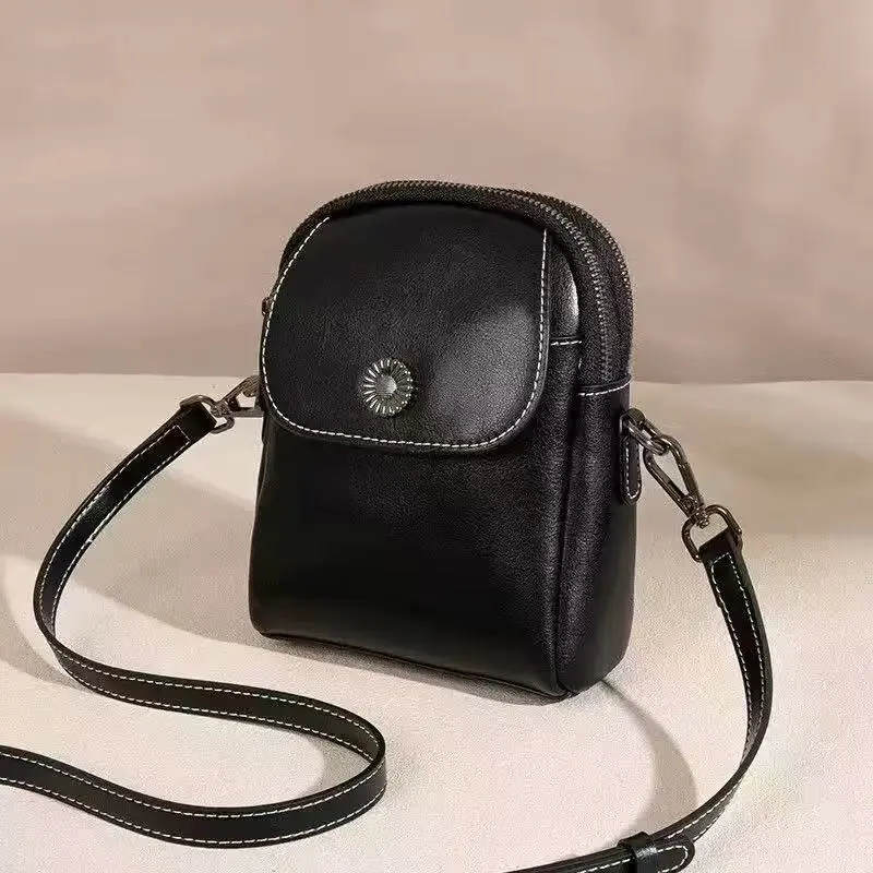 Women's Vintage Small Cowhide Crossbody Gym Bag - Leather Triple Compartment Phone Wallet Purse with Adjustable Strap