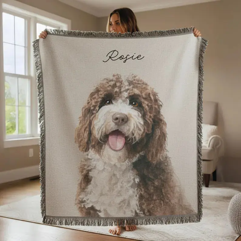 Pet Photo Tapestry Blanket with Custom Name: Personalized Cat and Dog Photo with Water Color Effect, Throw for Cat Moms and Dog Lovers