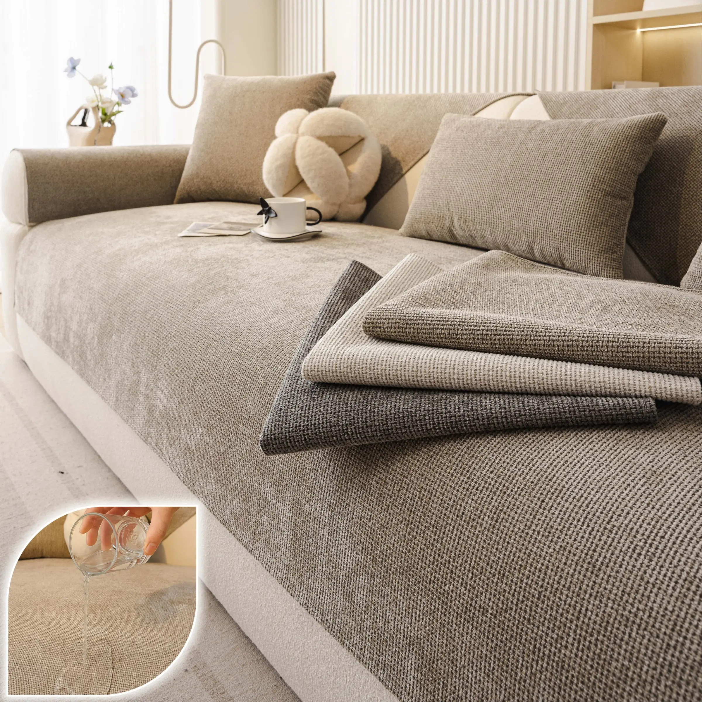 Water-Resistant Linen-Look Couch Covers for Dogs, Slipcovers for couches and sofas, Anti-Slip, Pet-Friendly, Washable Furniture Protectors, Durable Fabric, Scratch-Proof, Dustproof Sofa Slipcover for 1/2/3/4-Seater, Sectional Couch, Sofa Protector
