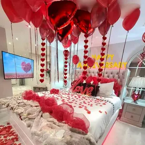 Anniversary Decorations, Happy Anniversary Banner, Pink Hanging String Hearts, Pink and Rose Gold Balloons, Love Balloon, Red Silk Rose Petals for Wedding Bridal Shower Bachelorette Party Decorations Decorating Ornaments