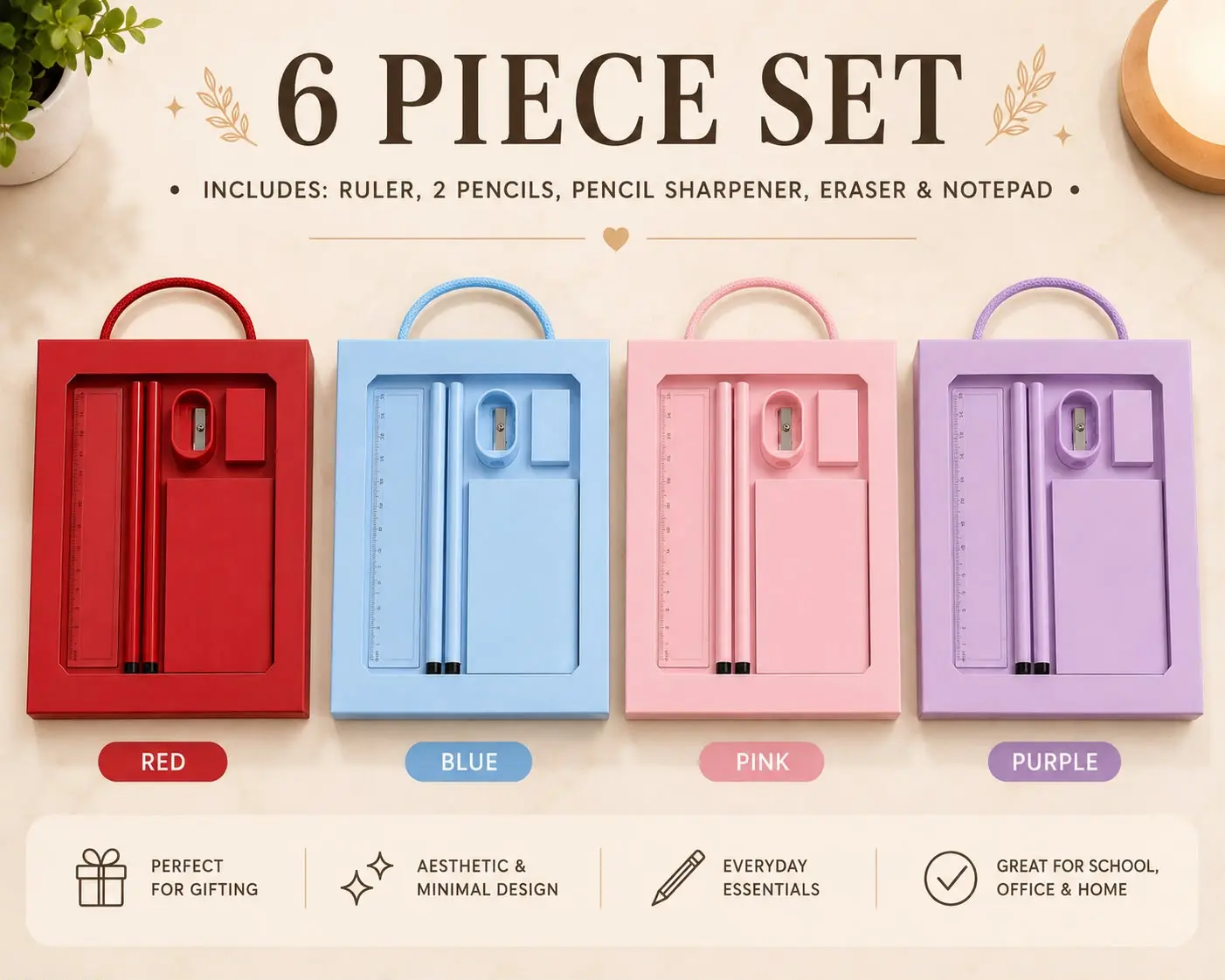 Multi-Color School Supplies Set with Ruler, Pencil, Eraser, and Sharpener in a Convenient Case