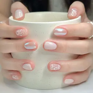 Sweet Aurora Bow Short Oval Nail Set, 30pcs Wearable False Nails with Jelly Glue & File, Square Nail Shape, Handmade Reusable Nails