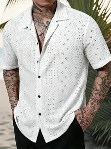 Men's White Eyelet Embroidery Cuban Collar Short Sleeve Shirt, Breathable Hollow Out Button Down Top, Casual Summer Beach Shirt for Vacation and Streetwear