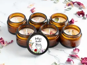 10 Floral Scented Soy Wax Wedding Candle Favors with Personalized Labels 1oz Amber Glass Jar with Mini Kraft Box Decor Flower Daisy Freshener