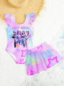 Girls' Two-Piece Swimsuit, Cartoon Print Bikini, Summer Beach Vacation Swimwear, Cute Ruffle Swim Dress