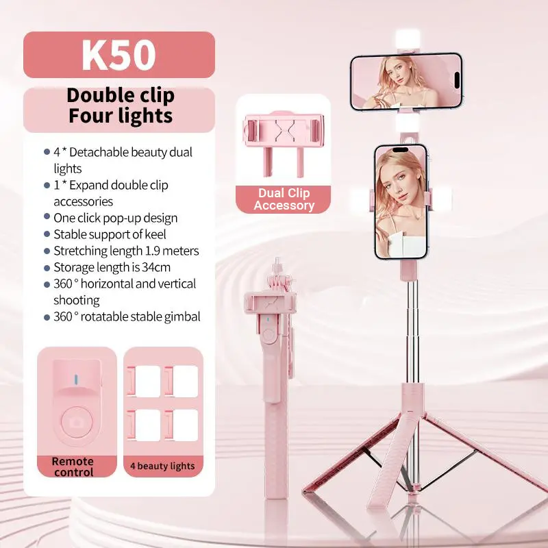 K50 Anti-Shake Selfie Stick/Pink