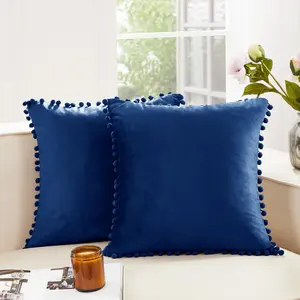 Deconovo Velvet Throw Pillow Covers, Set of 2, Decorative Pom-poms Soft with Invisible Zipper Cover for Sofa,Sakura