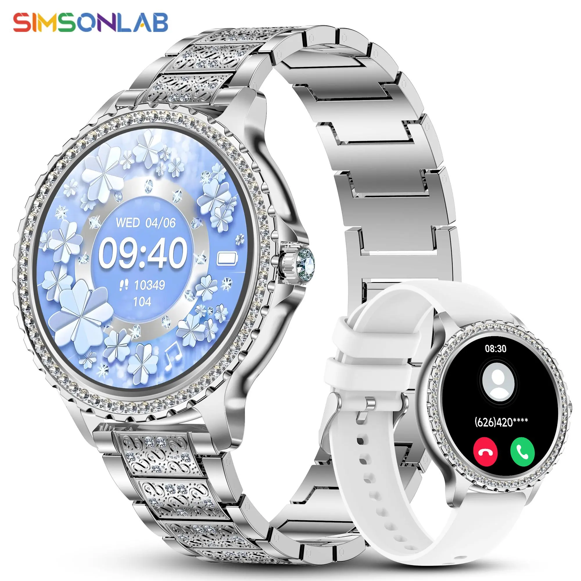 SIMSONLAB Women's Fashion Smart Watch, Android Smartwatch, Fashionable Digital Watch with 2 Straps, Multifunctional Sports Watch with Heart Rate Monitoring for Women, Wearable, Waterproof Smartwatch