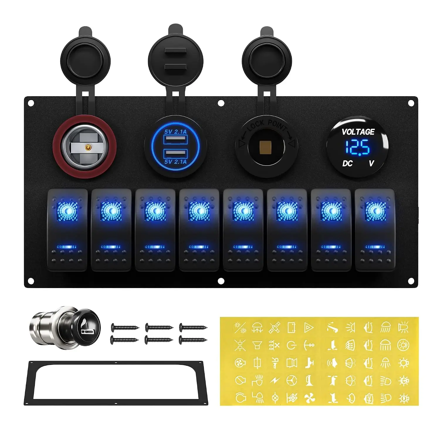 EUNIK Marine Boat Switch Panel Waterproof 8 Gang 12V Rocker Switch Panel 12 Volt Toggle Switch Panel Blue LED Lighted for Automotive Car Truck