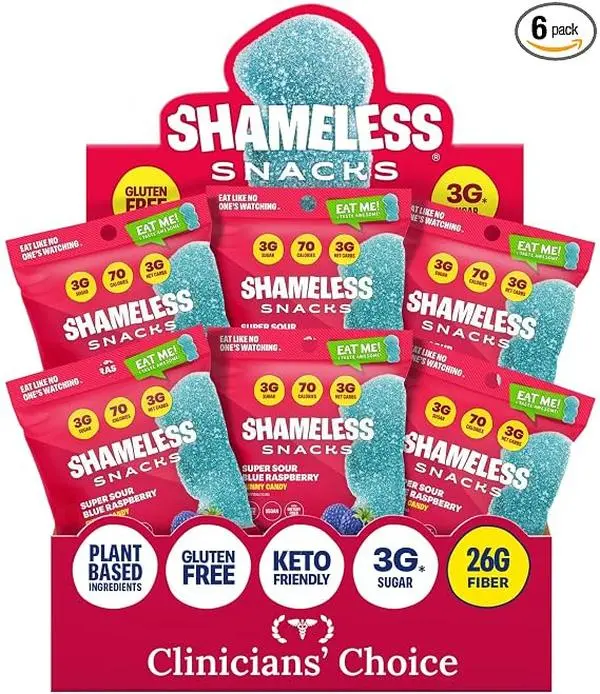 Shameless Snacks Super Sour Blue Raspberry Gummy Candy, Keto-Friendly 3g Sugar, Gluten-Free Vegan Gummies for Kids & Adults