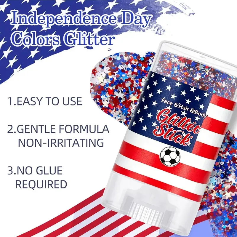 Patriotic 4th of July Glitter Stick, Red White Blue Patriotic Glitter Gel for Face Body Hair, Long Lasting USA Independence Day Cosmetic Makeup, Fourth of July Patriotic Face Paint (Style A) campingessentials
