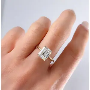 Hidden Invisible Halo Emerald Cut Engagement Ring in Solid Gold
