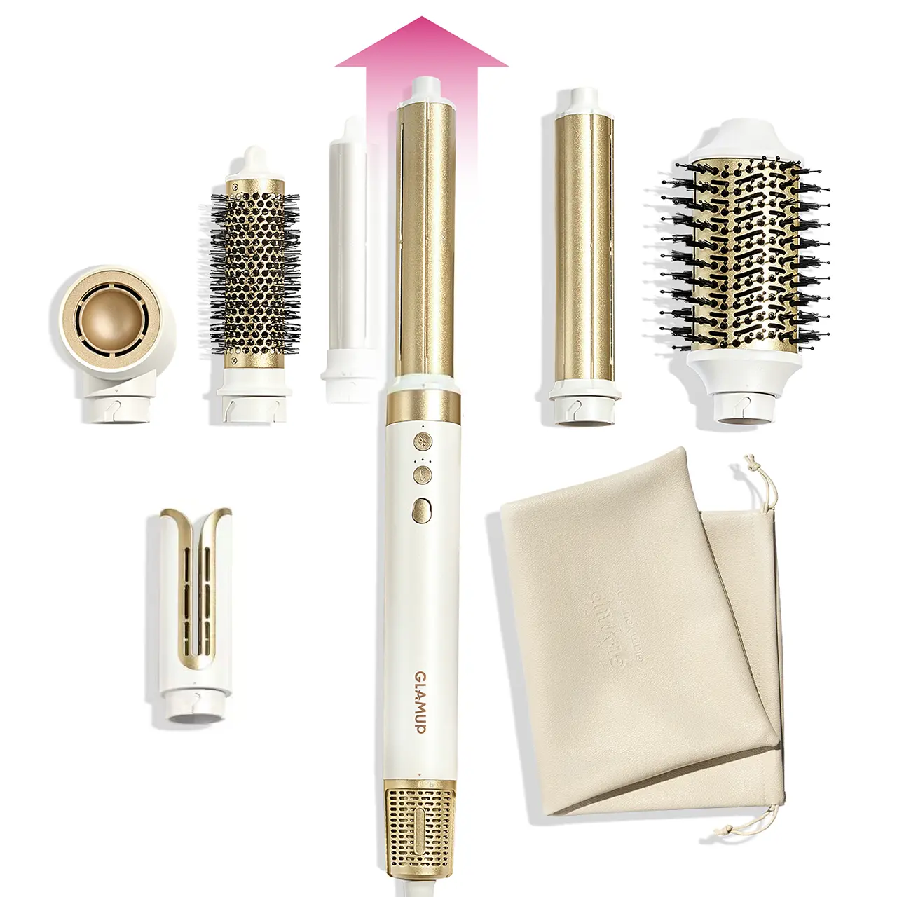 GLAMUP 6-in-1 Hot Air Styler & Hair Dryer Brush, No Heat Damage, 110K RPM High Speed Motor, Negative Ionic Frizz-Free Fast Drying, Straightening, Curling & Volumizing, 6.3" Longer Barrels, Gift Set