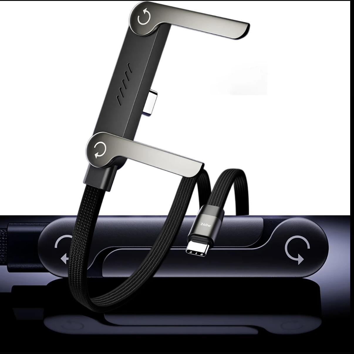 Outdoor mobile portable indoor travel tool 240W fast charging data cable | Woven material, foldable stand, black - Dual-purpose fast charging cable for phone charging and desktop video viewing, Type-C to Type-C, USB-C interface type