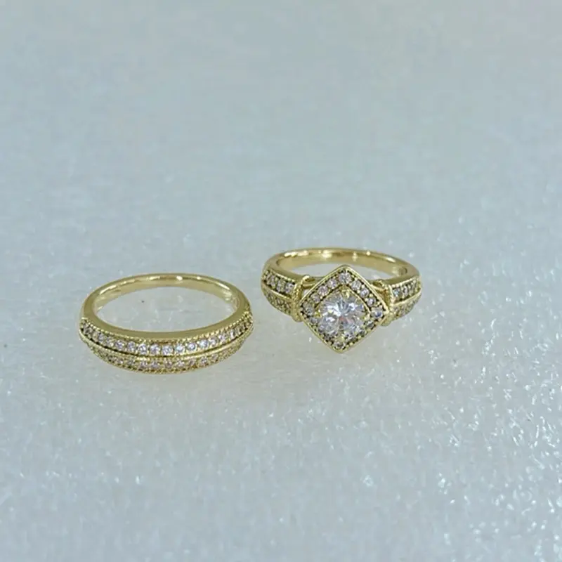 Elegant Wedding Ring Set of 2 - 14k Laminated Gold Finish with Sparkling Design Elements & Hypoallergenic Metal Coating