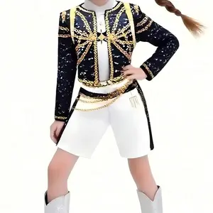 Girls' Performance Outfit Set - Shiny Print Two-Piece Costume With Pockets Soft Breathable Fabric Loose Fit Long Sleeves Machine Washable For Teenager Halloween Costumes Dress-Up Outfits Popular Fashion Singer Costumes Girls' Halloween