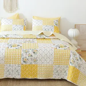 Quilt Sets  Size Floral Quilt Set 3 count Bedding Set Bedspreads Yellow Comforter Blanket with 2 Pillow Cases- Ultra Soft Floral Coverlet with Printed  90in.x 90in