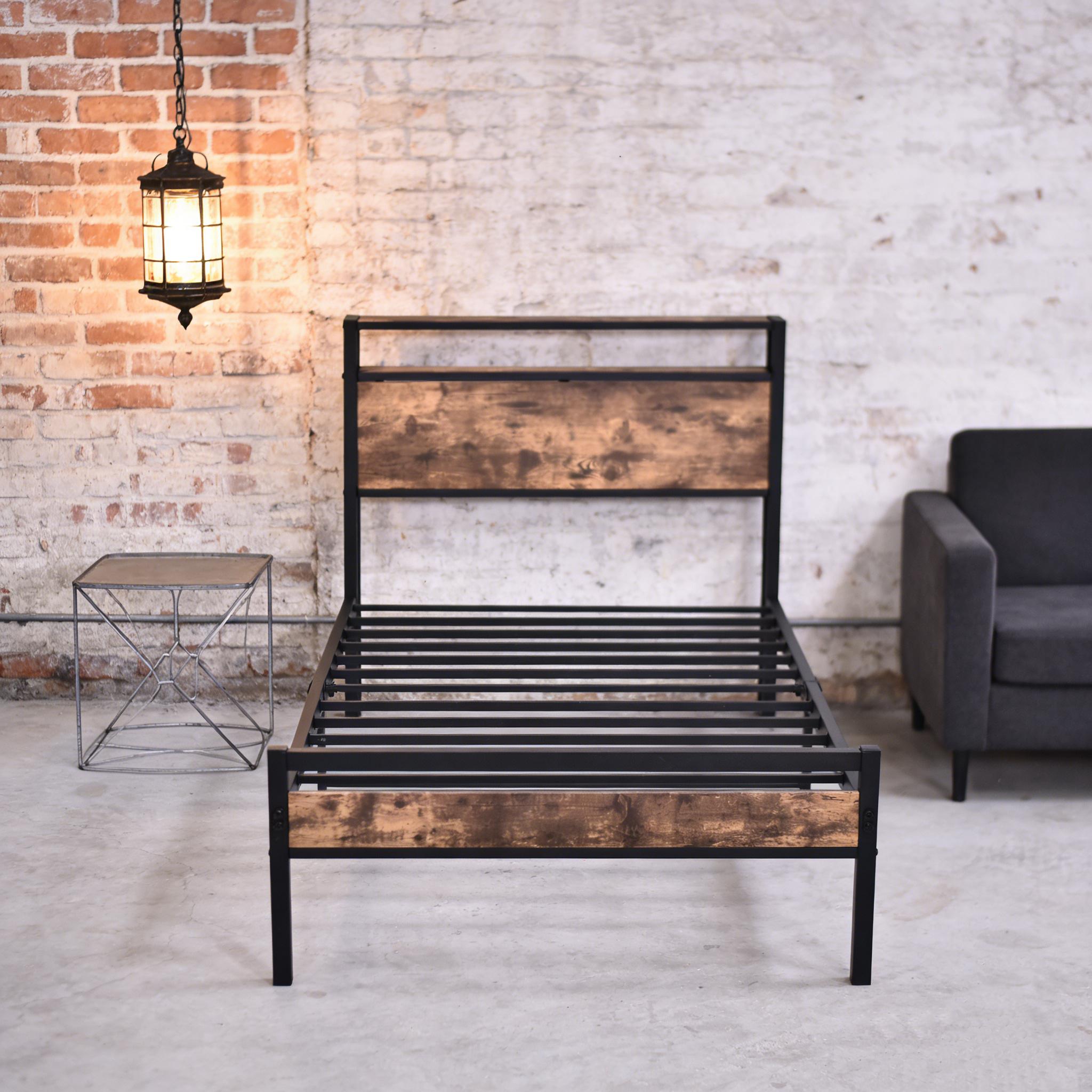 Different Size Metal Platform Bed Frame with Wooden Headboard and Footboard. Features robust metal slat support, no box spring required, delivering exceptional stability and a streamlined, modern aesthetic for your bedroom.