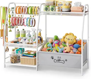 Large   Basket with  Storage Organizer, Trapezoid Dogs  Bin Box with  Leash Holder Hook,  Holder Chest Pet Storage Cabinet for Living Room, Dogs Essentials for Pet Lovers