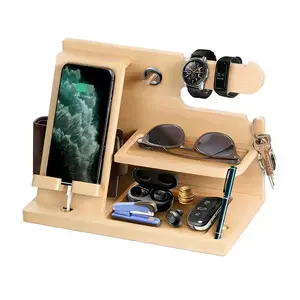 Wood Phone Docking Station-Multi Storage Rack for Valentine's Day Husband Anniversary Dad Birthday Gifts for Men Or Dad, Regalos Para Hombres - Nightstand Organizer for Phone Purse Earphones Key Watch Father Desk Accessories & Workspace Organizer